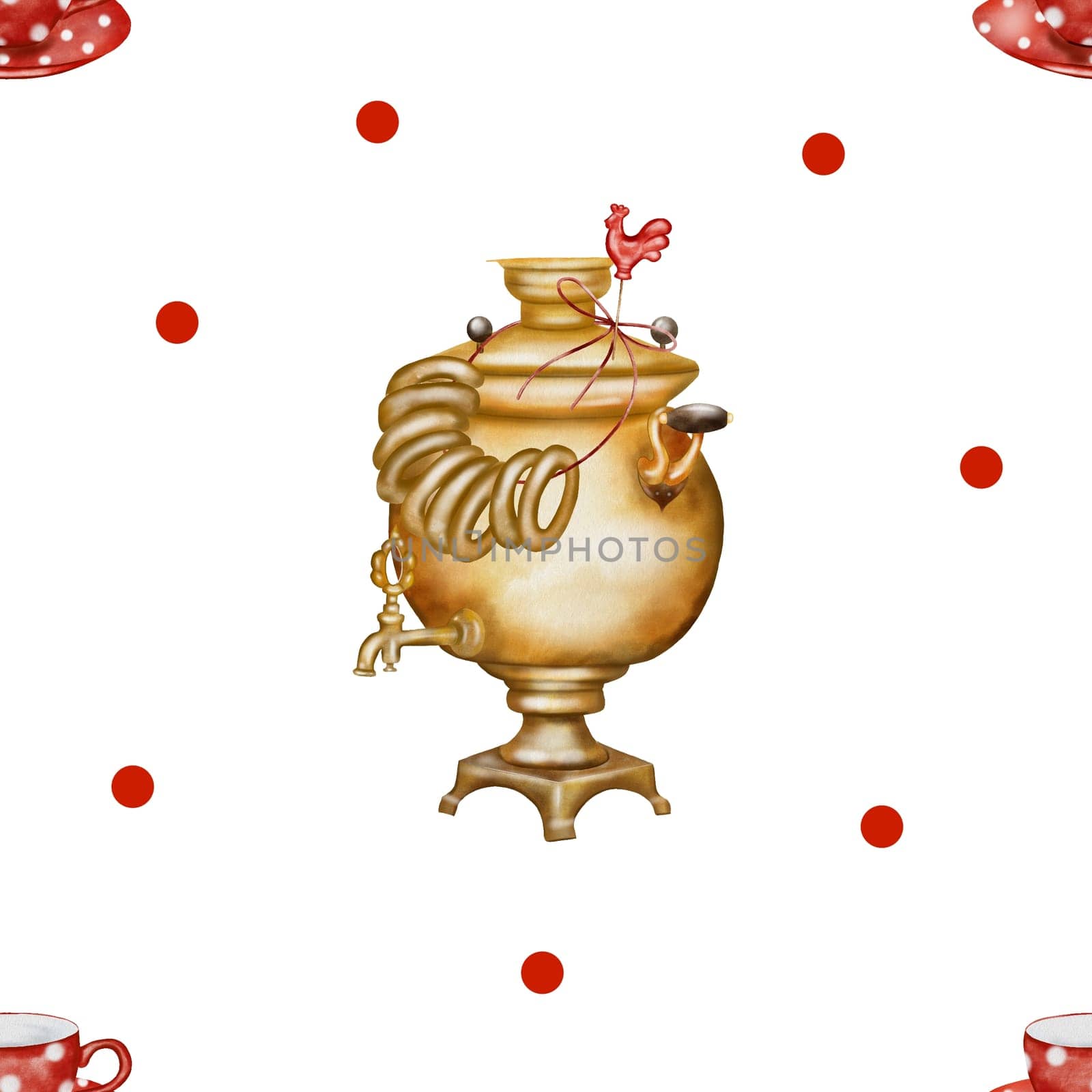 Maslenitsa watercolor pattern with Russian samovar, red tea cup and bagels . Seamless illustration with traditional Christian holiday objects. Russian Shrovetide Week. For printing on fabrics and kitchen textiles. High quality illustration