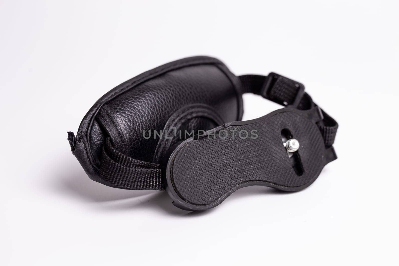 Black camera hand strap made of genuine leather with a metal carabiner for attaching to the camera by Pukhovskiy