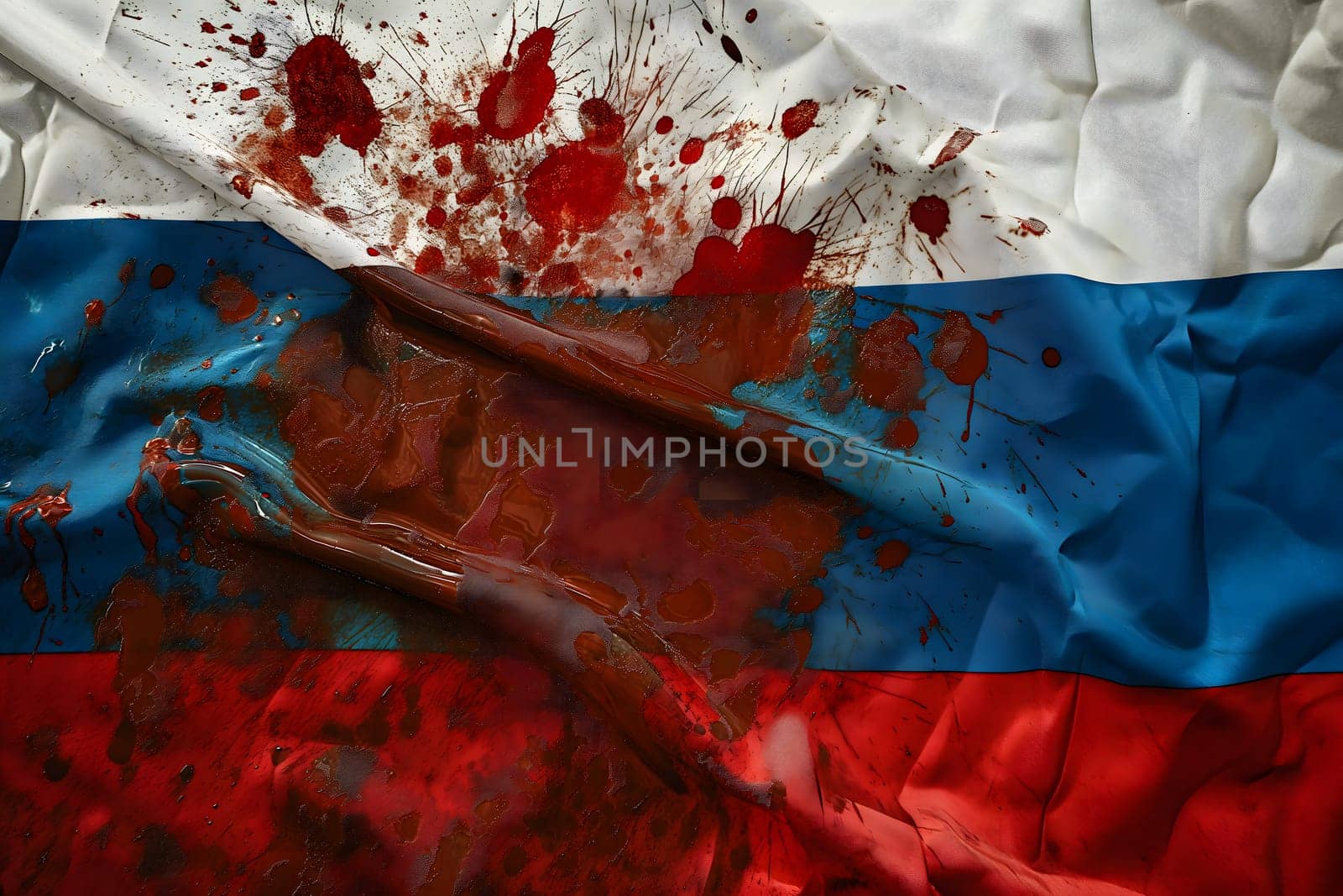 Russian flag covered with blood splatter fill-frame close view. Neural network generated in January 2024. Not based on any actual scene.