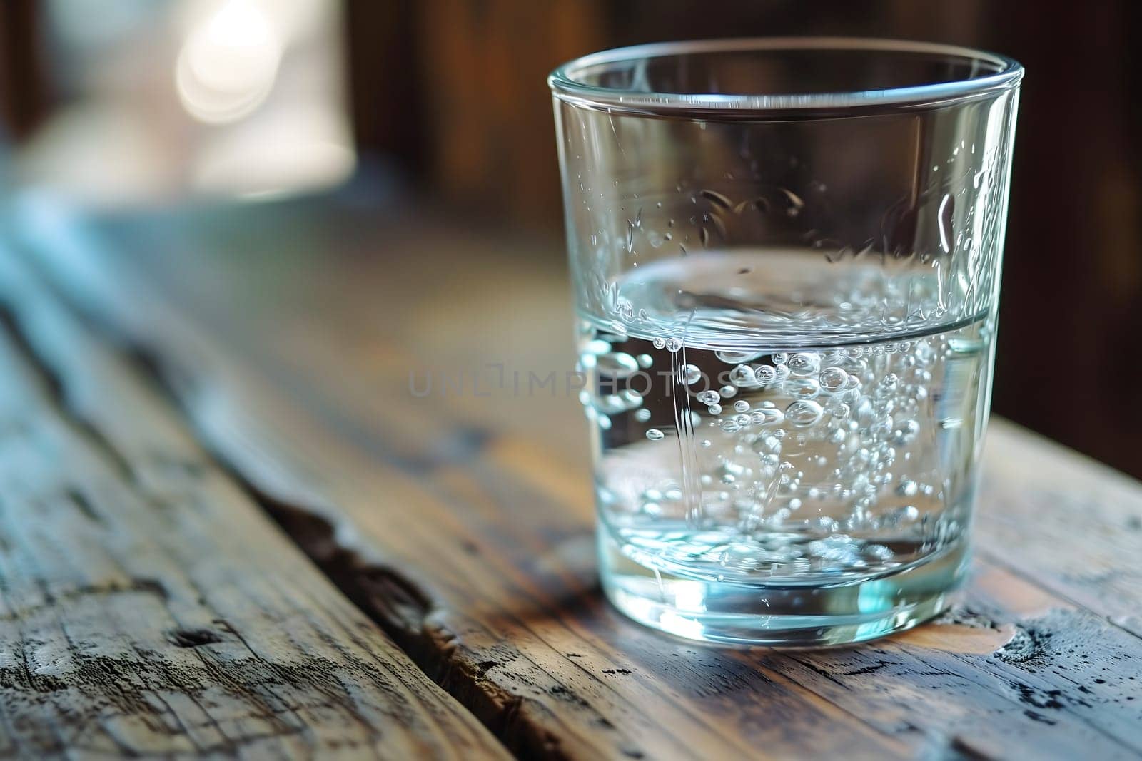 Glass of clean drinking water with selective sharp focus. Neural network generated in January 2024. Not based on any actual scene or pattern.