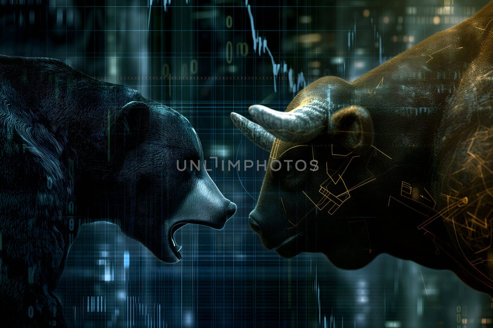 Bear and bull going head to head with trading charts behind them, in the style of stock market, wild and daring. Neural network generated image. Not based on any actual person or scene.