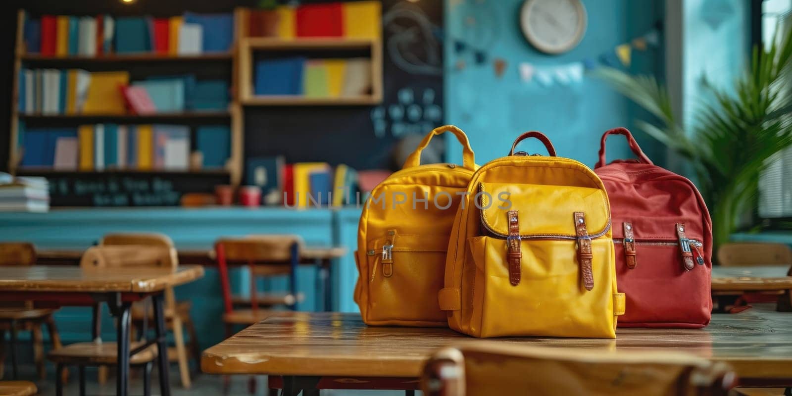 School bag in a room of school. photo for advertising. Generative AI by itchaznong