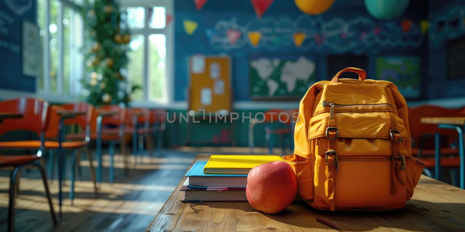 School bag in a room of school. photo for advertising. Generative AI.
