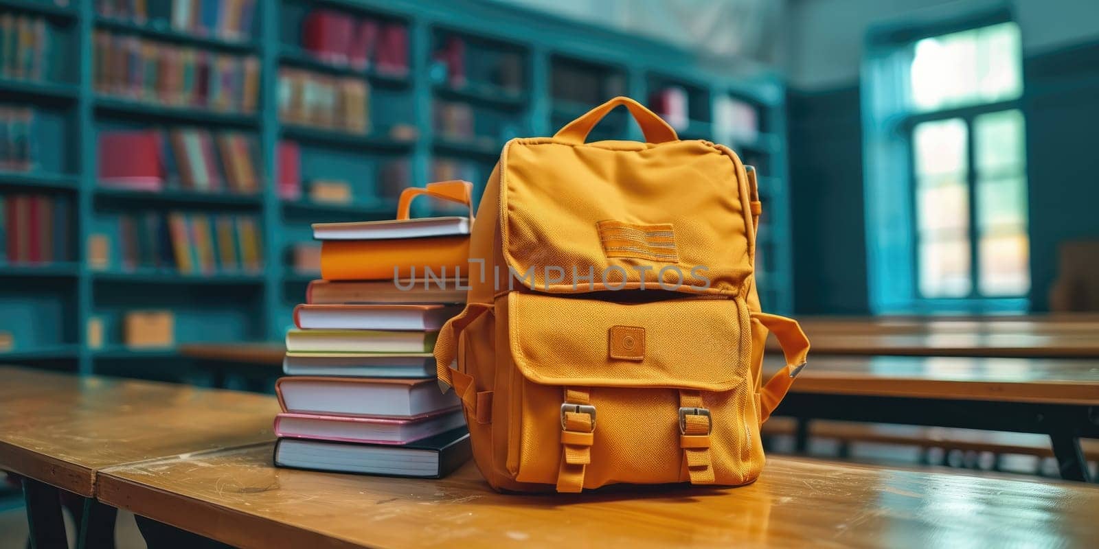 School bag in a room of school. photo for advertising. Generative AI by itchaznong