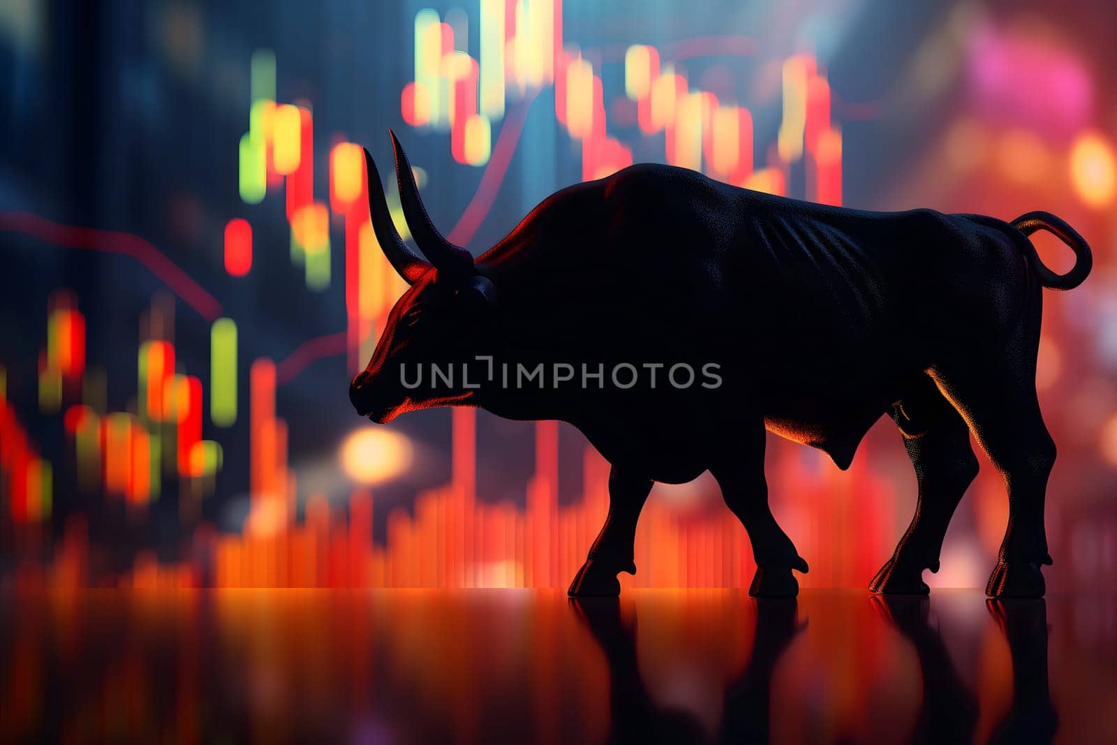 Bull with stock market chart in the background, closeup with selective focus Neural network generated in January 2024. Not based on any actual scene.