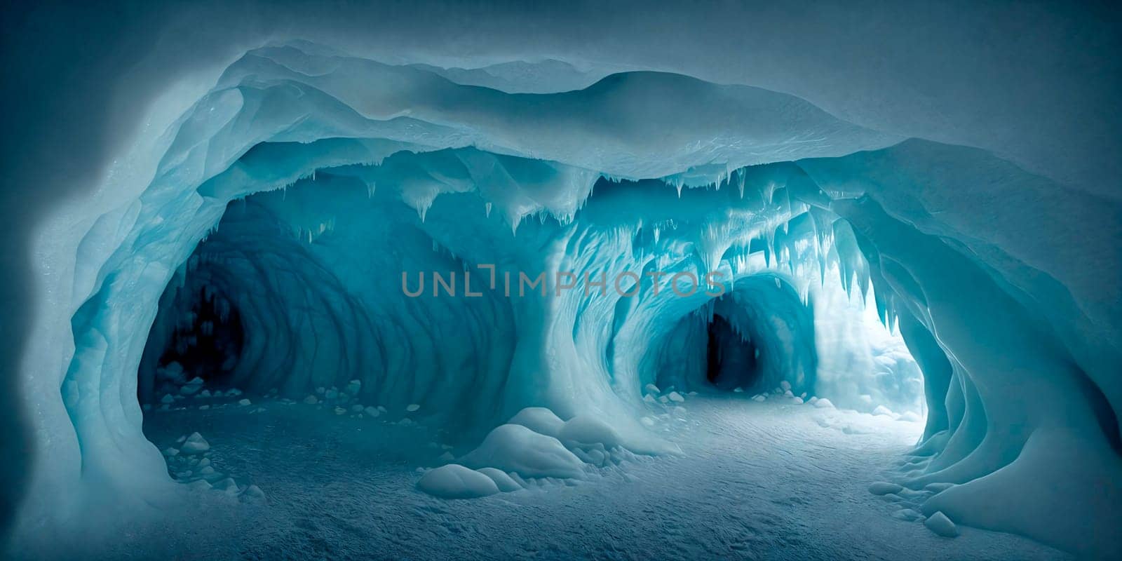 Ice cave panorama with two holes. Breathtaking view of the icy wonderland. Generative AI