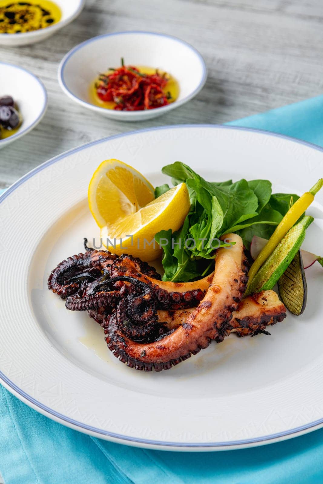 Grilled octopus with arugula and mini vegetables on a white porcelain plate by Sonat