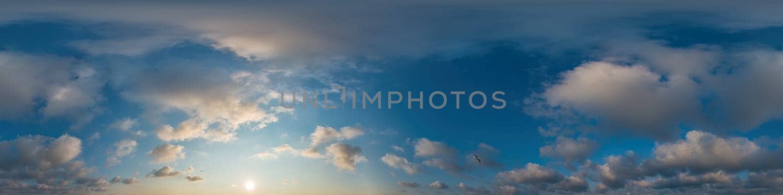 Sky panorama with Cirrus clouds in Seamless spherical equirectangular format. Full zenith for use in 3D graphics, game and editing aerial drone 360 degree panoramas for sky replacement