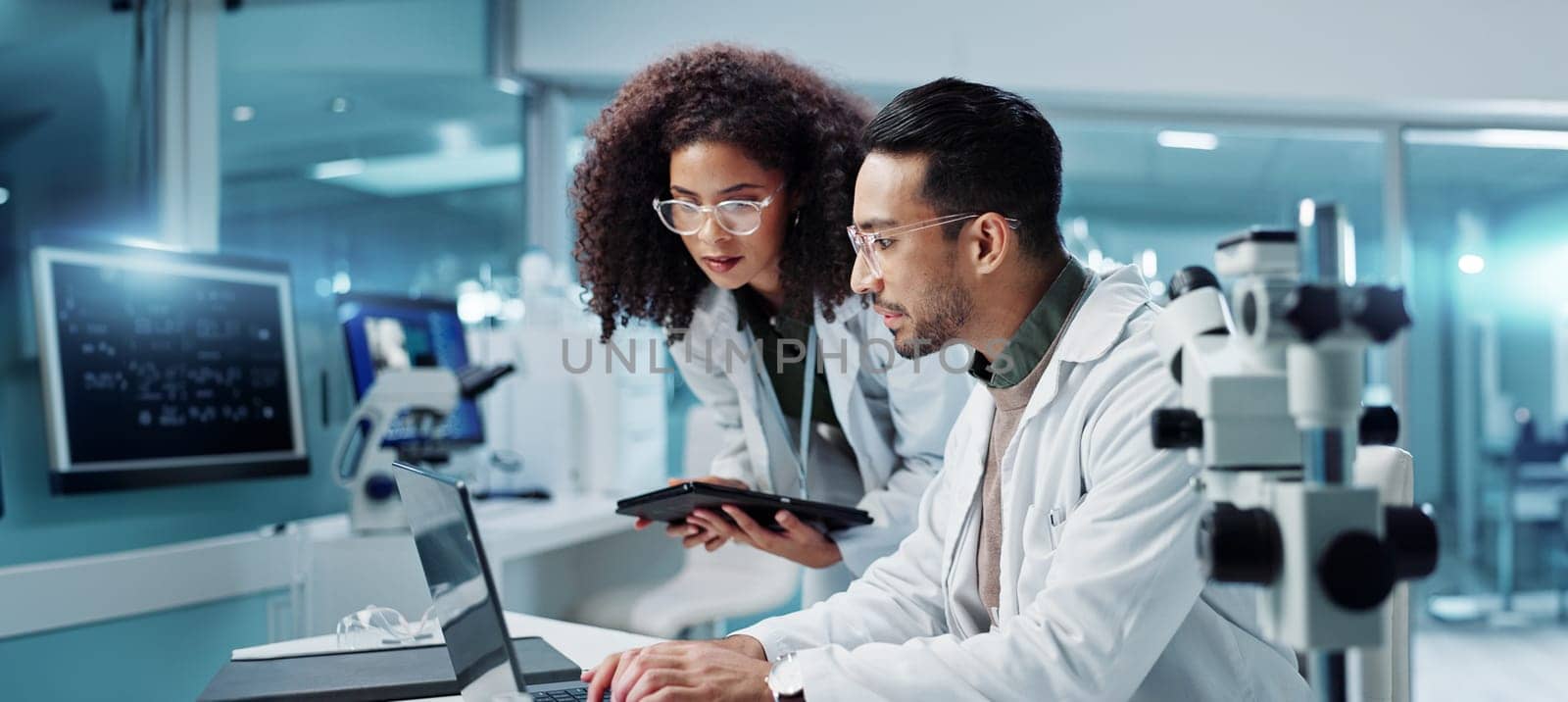 Science, teamwork and scientist with tablet in laboratory for communication, pharmaceutical review or planning. Employees, collaboration and technology for research, discussion and digital analysis.