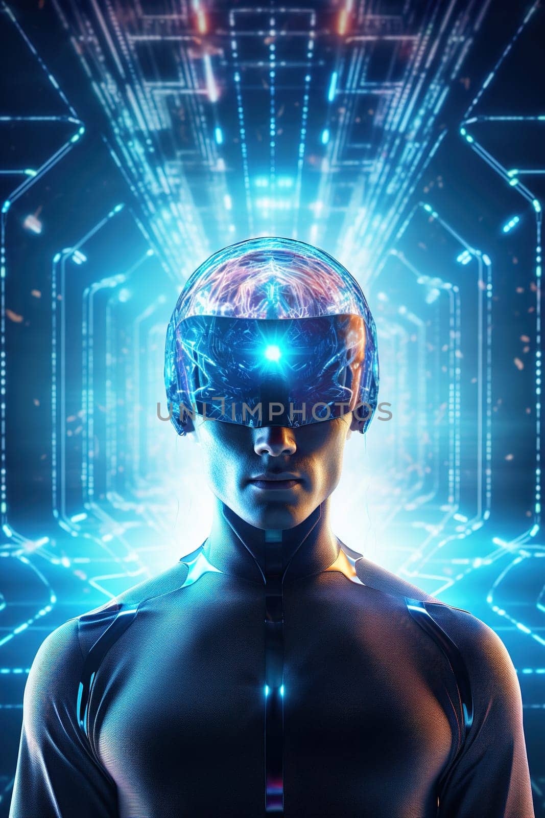 Futuristic man with a digital brain, perfect for themes related to AI, machine learning, and advanced computing in education and tech sectors. IT, cyberspace, computer data transfer. Generative AI. by creativebird