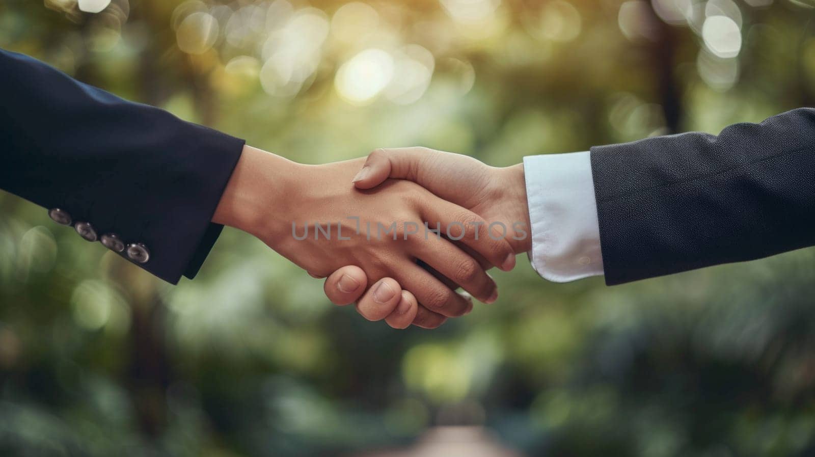 a close up of two business people shaking hands outdoors on green background.