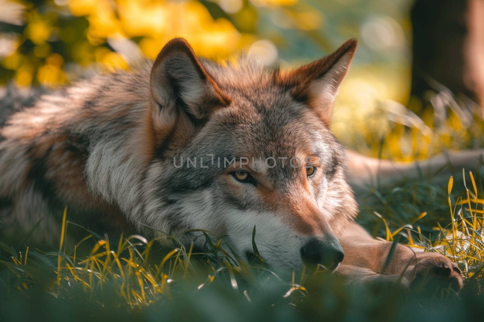 Gray wolf lying in the sun on the grass with closed eyes.