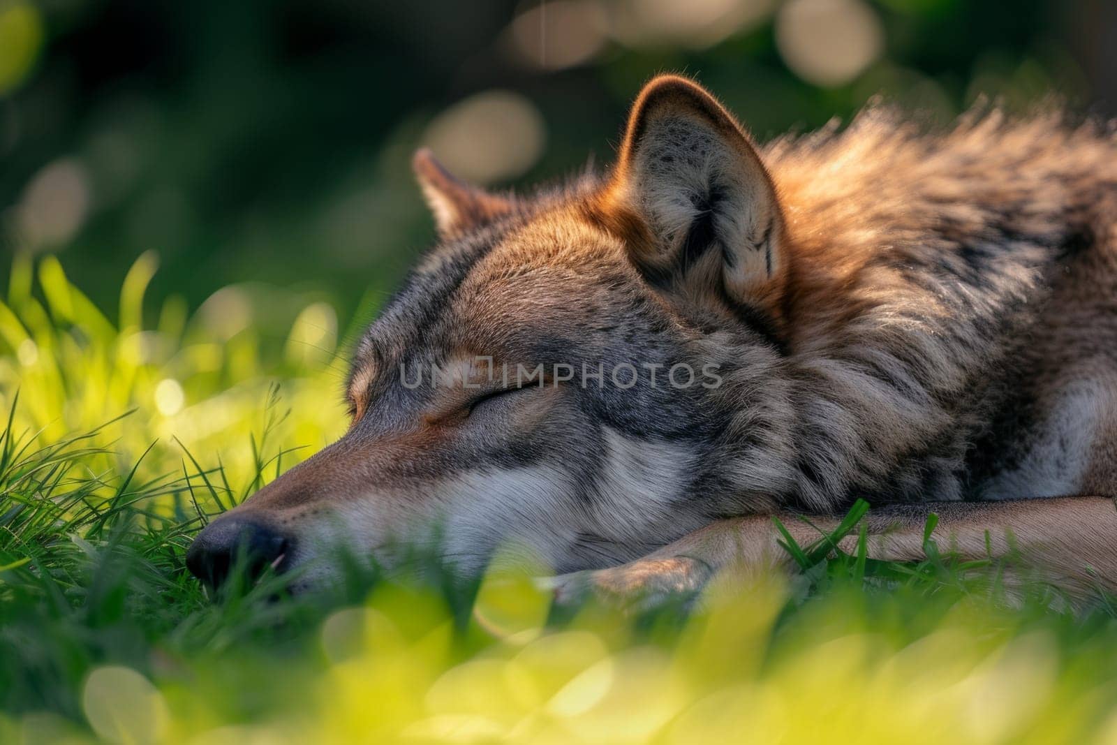 Gray wolf sleeping in the sun on the grass with closed eyes.