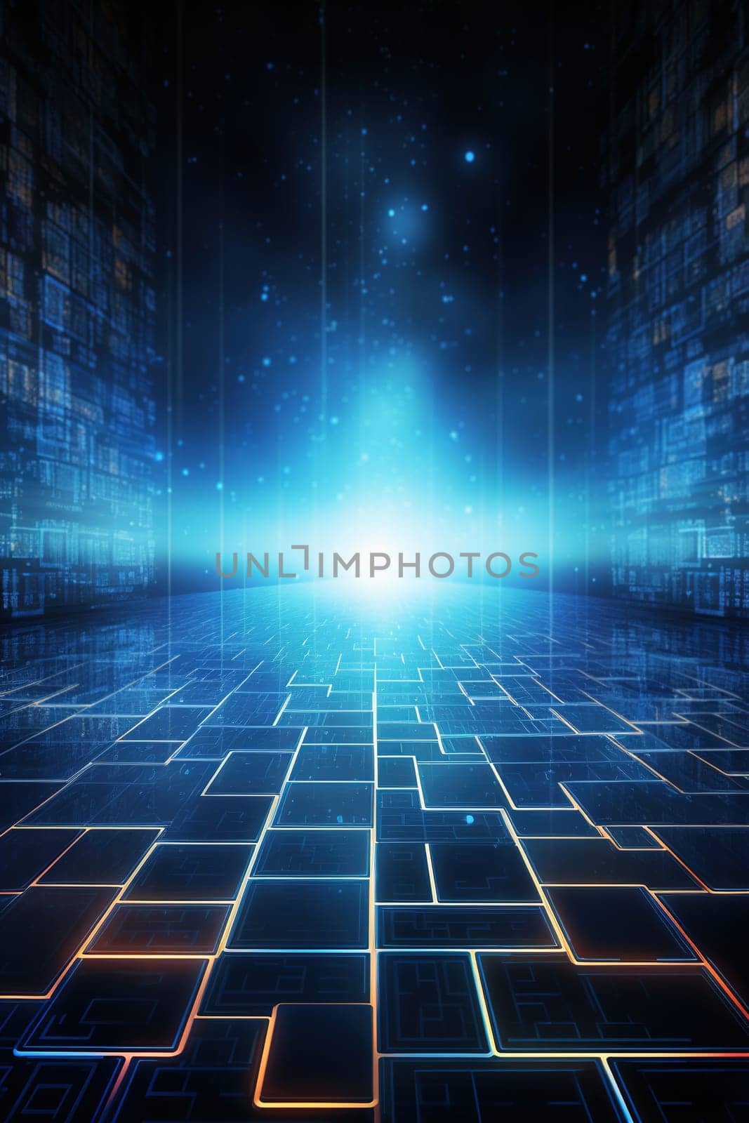 Abstract futuristic background with blue neon lights. IT, cyberspace, computer data transfer. Perfect for technology and cyber concepts. Virtual reality, artificial intelligence. Generative AI. by creativebird