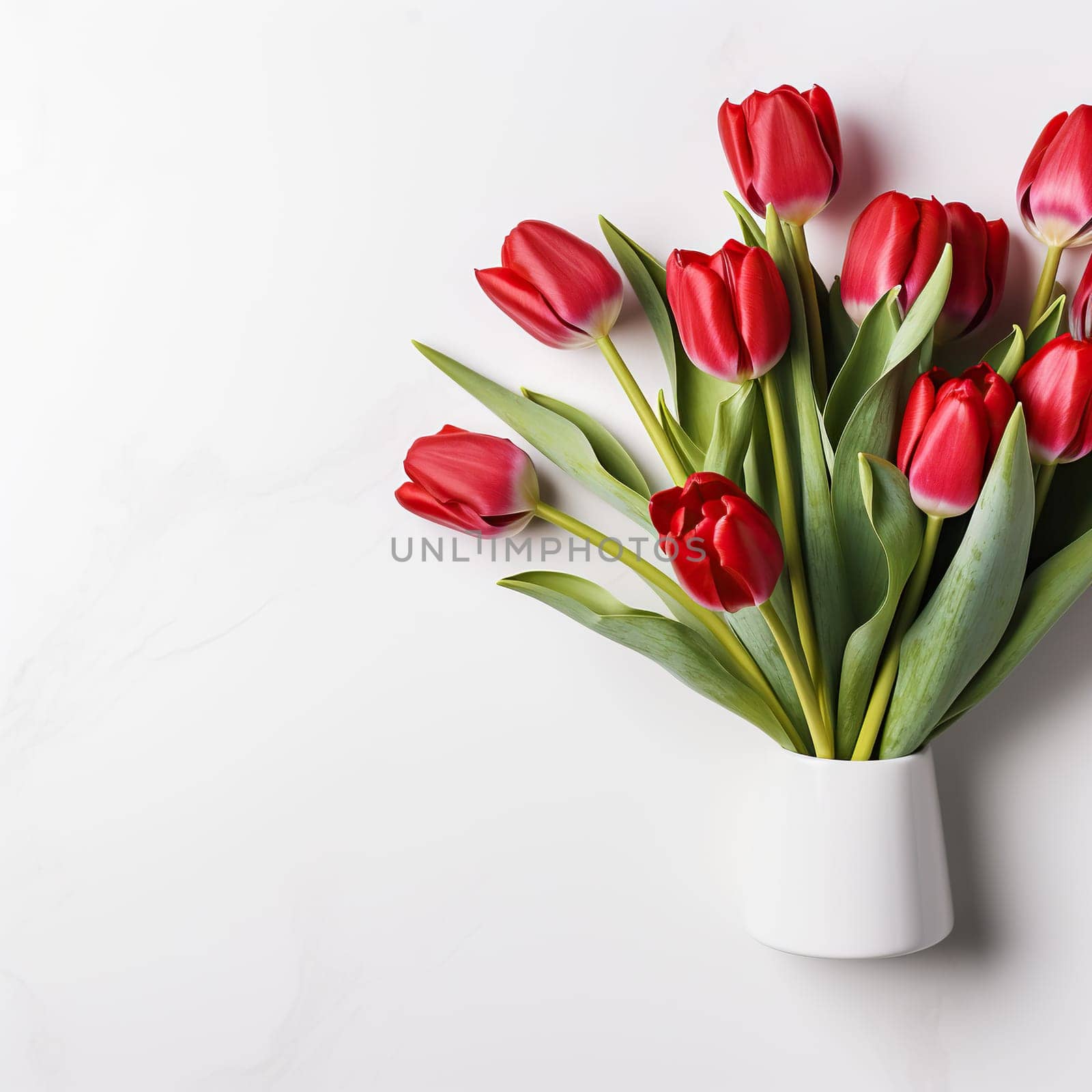 Bouquet of beautiful red tulips on a white background with space for text. Mother's Day, March 8, birthday. Generated by artificial intelligence by Vovmar