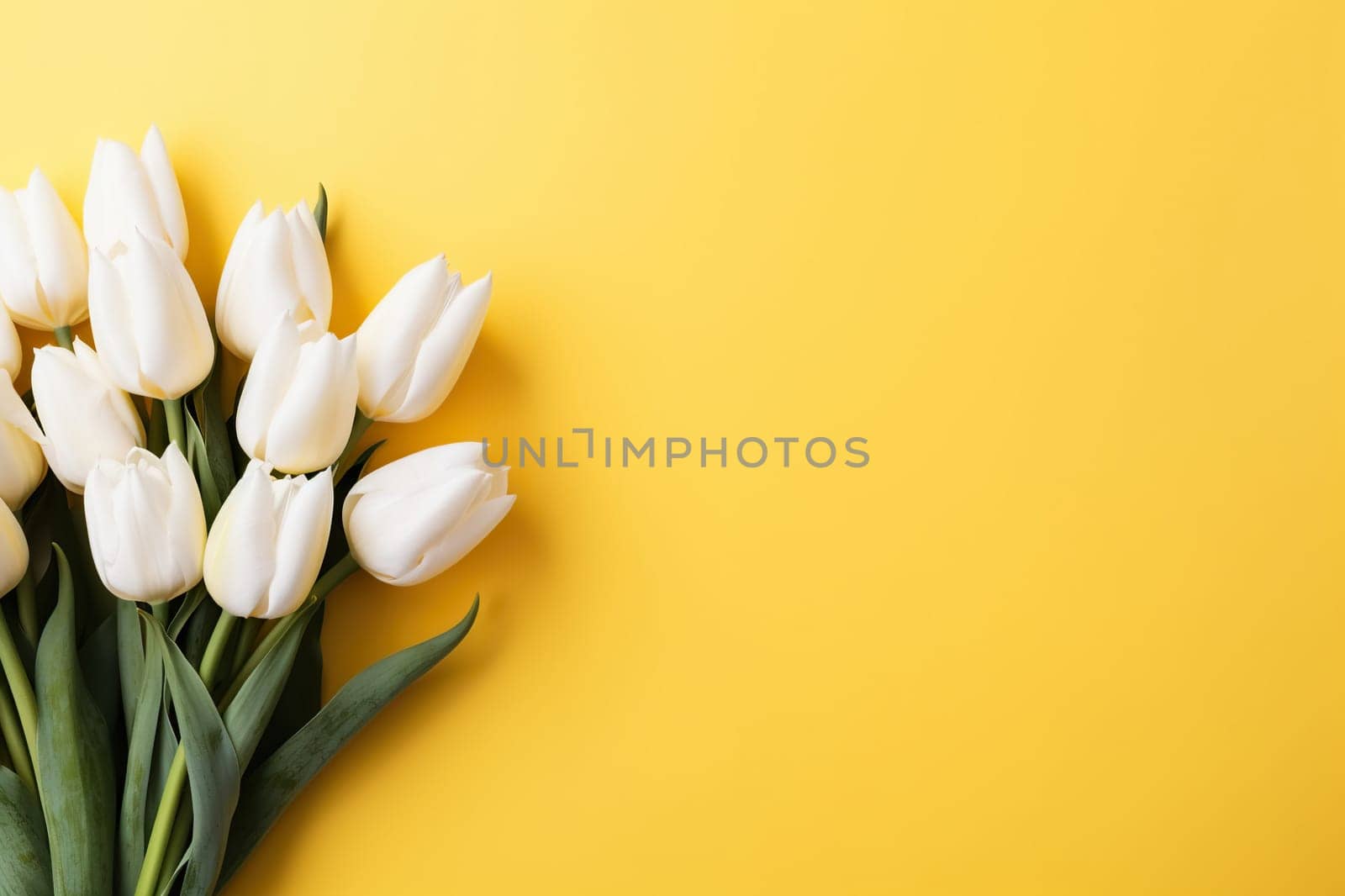 Bouquet of beautiful white tulips on a yellow background on the right. Spring, summer greeting background.