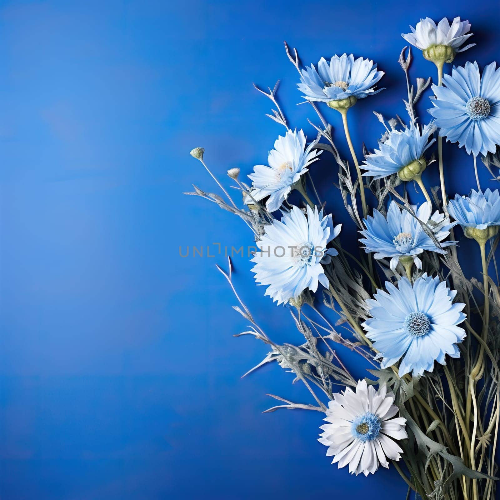 Bouquet of field cornflowers on a blue background with space for text.