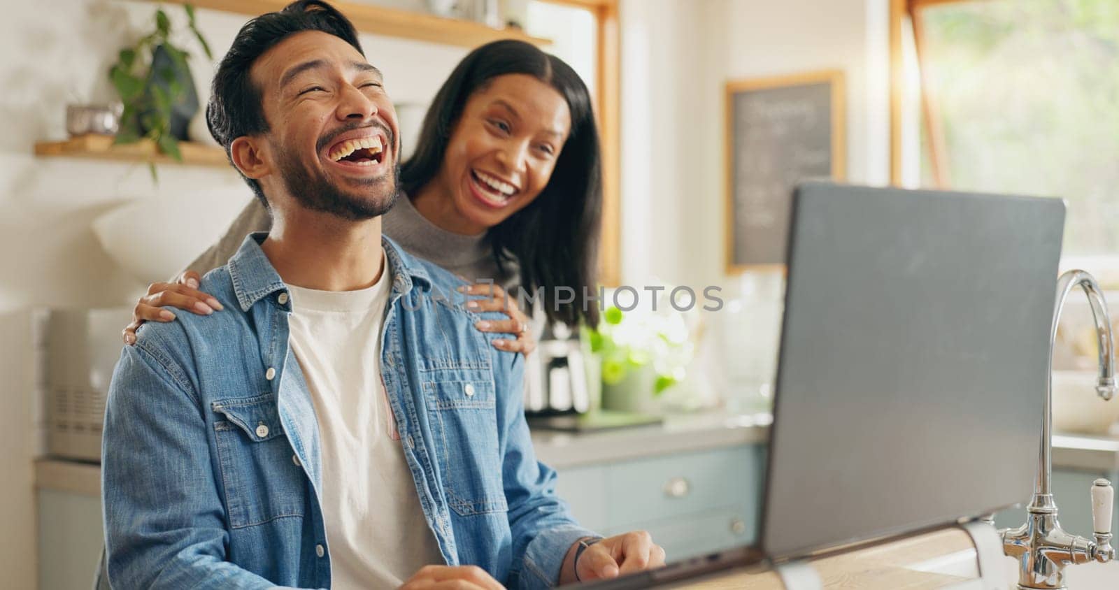 Kitchen, hug and couple with a tablet, love and internet connection with social media, home and speaking. Network, man and woman with a pc, talking and website information with romance and happiness.