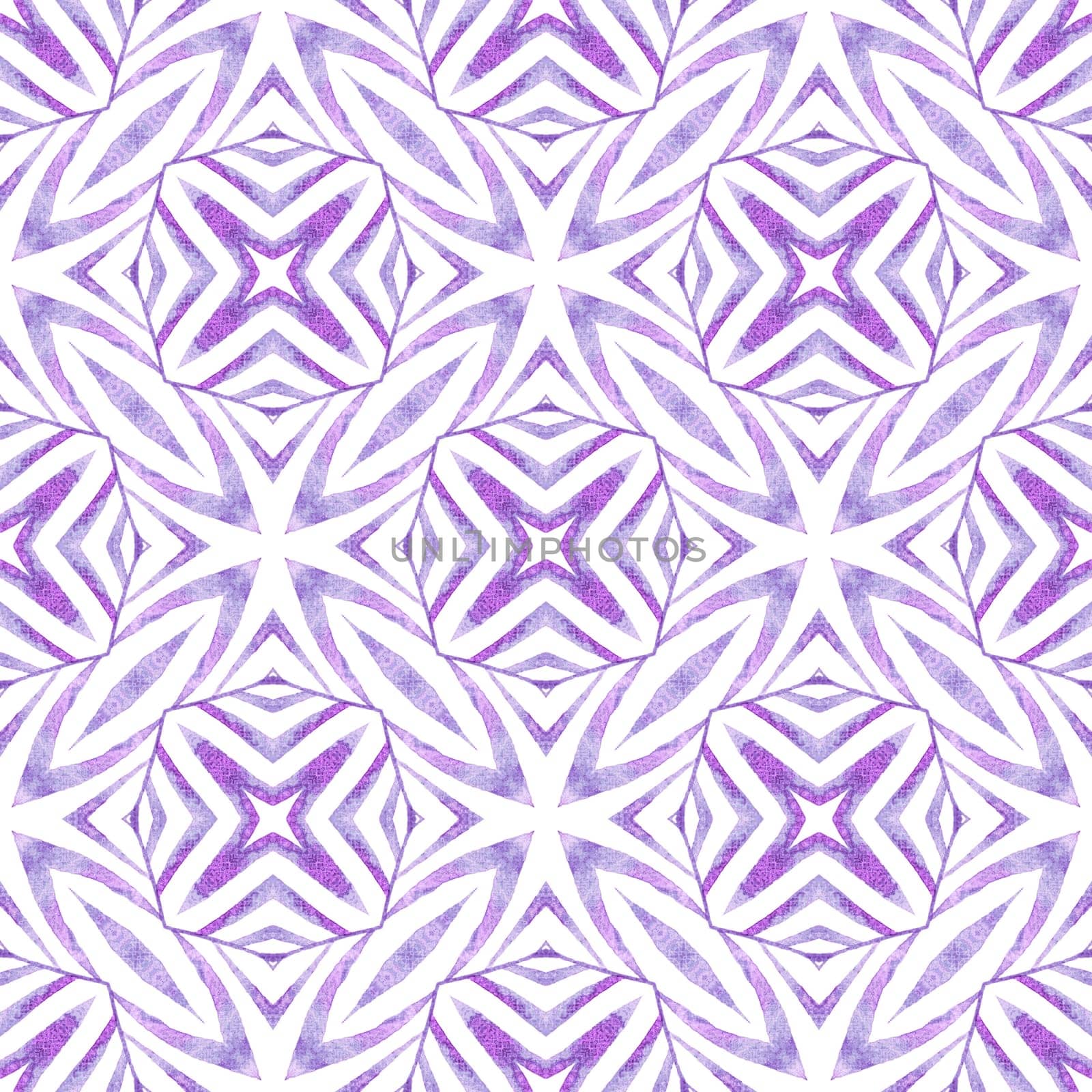 Textile ready fine print, swimwear fabric, wallpaper, wrapping. Purple original boho chic summer design. Hand painted tiled watercolor border. Tiled watercolor background.