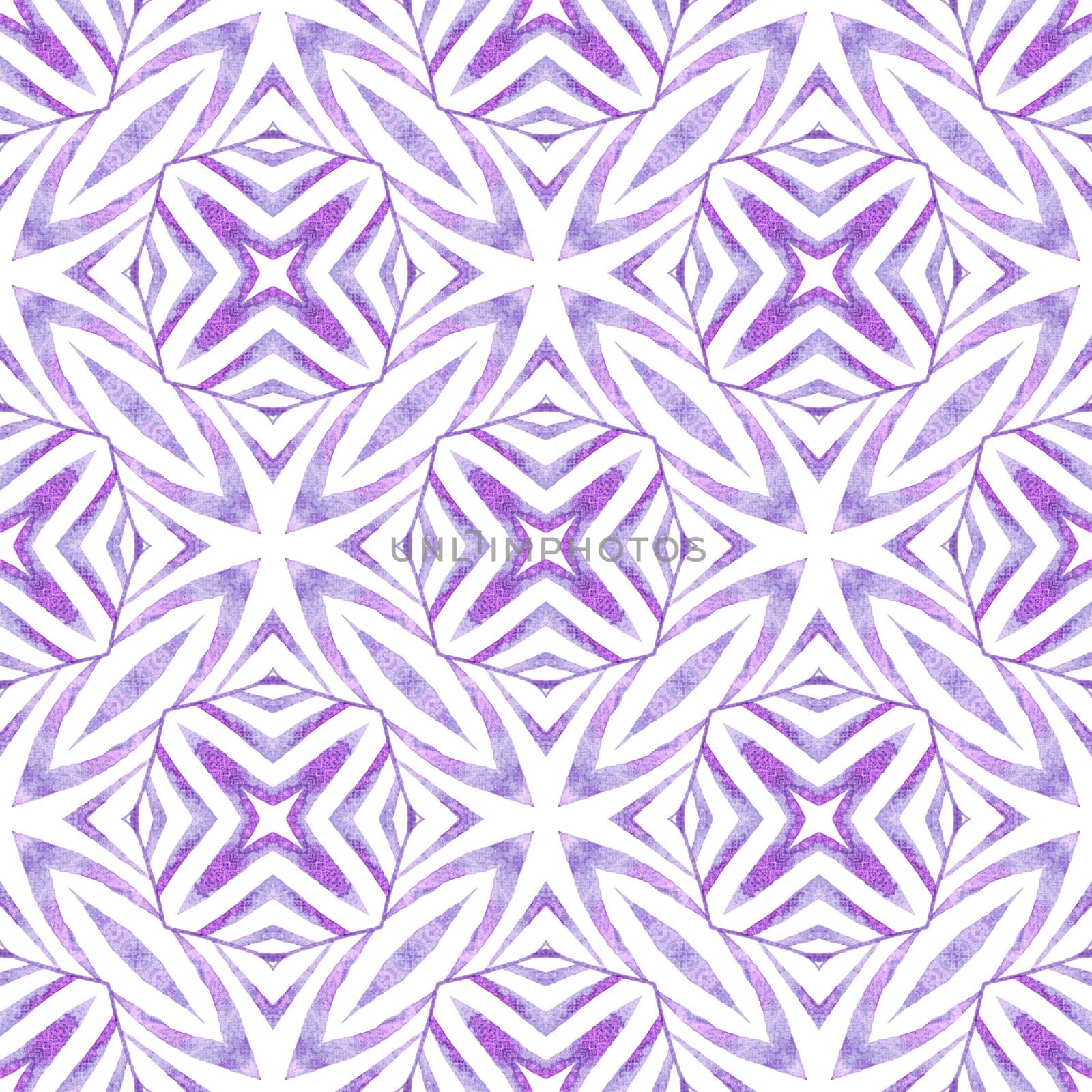 Textile ready fine print, swimwear fabric, wallpaper, wrapping. Purple original boho chic summer design. Hand painted tiled watercolor border. Tiled watercolor background.