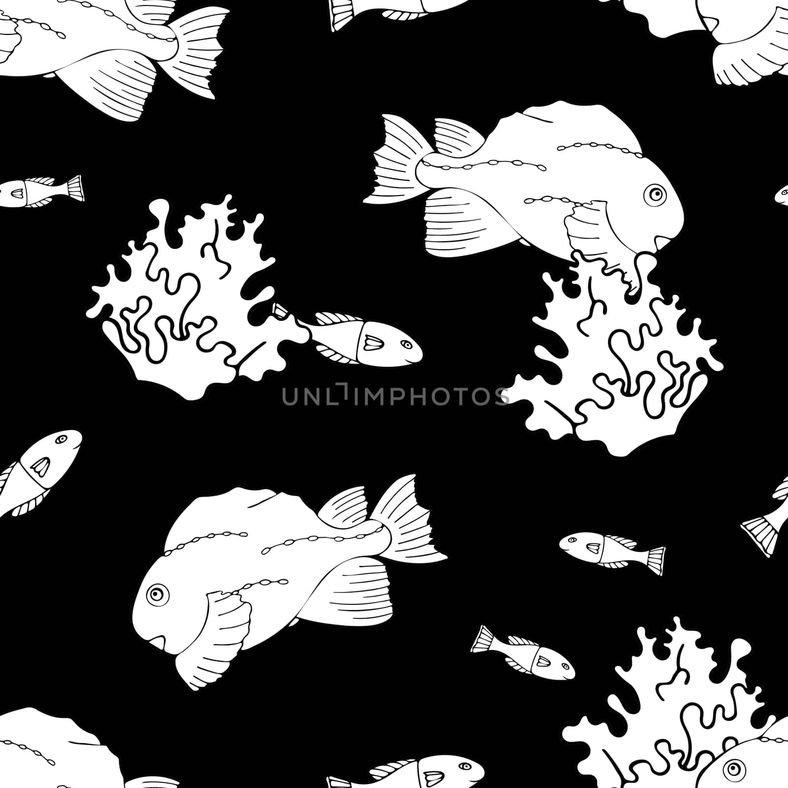 Hand Drawn Black and White Fish Background. Seamless Pattern with Fishes. Sea Animal Digital Papers.