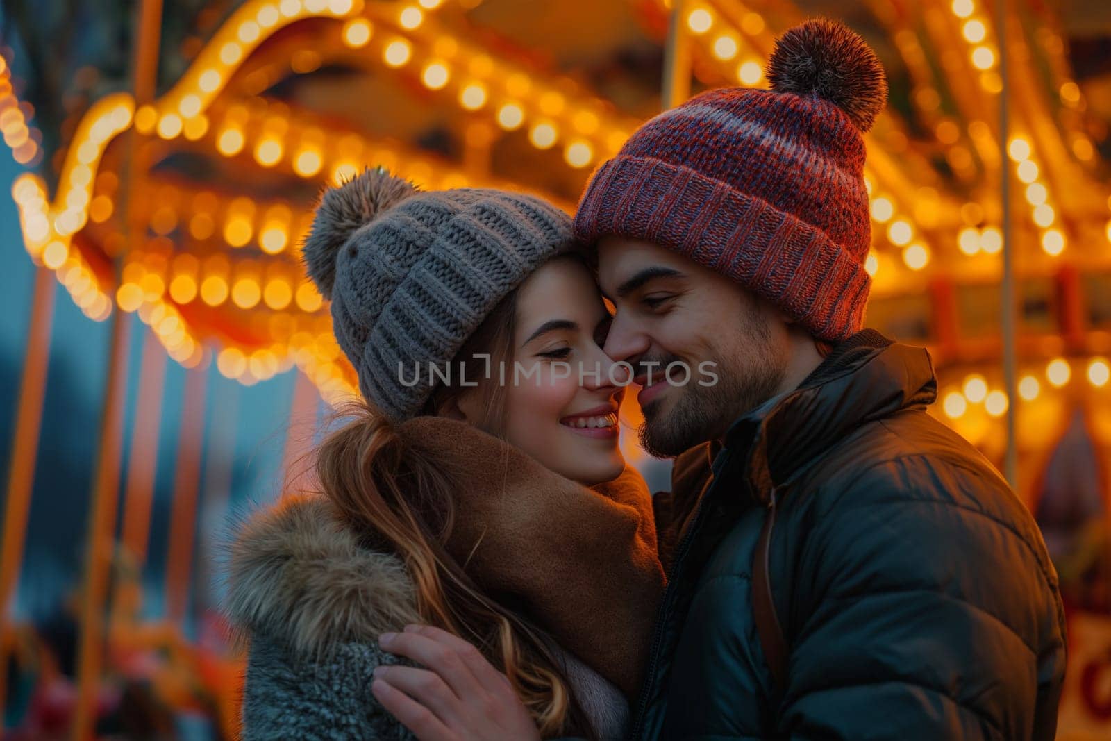 Affectionate young tourist couple at an illuminated carousel in the city at dusk by Sd28DimoN_1976
