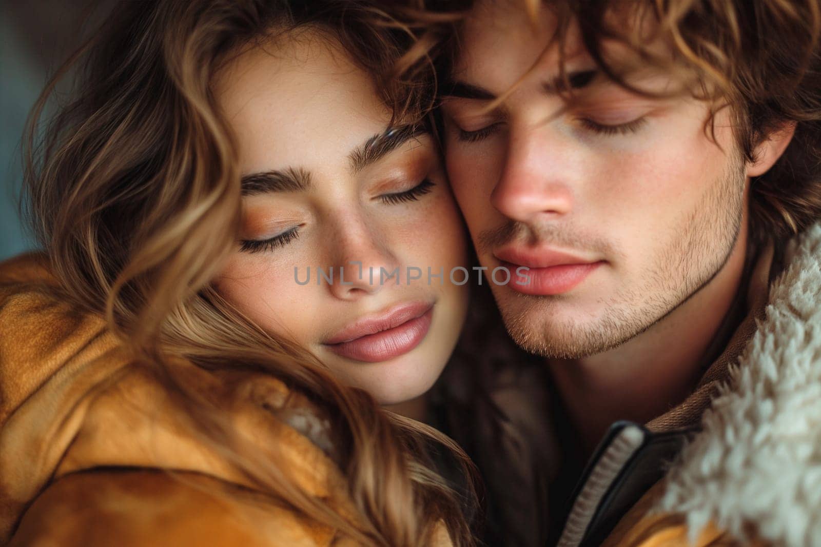 Affectionate couple with eyes closed embracing each other.