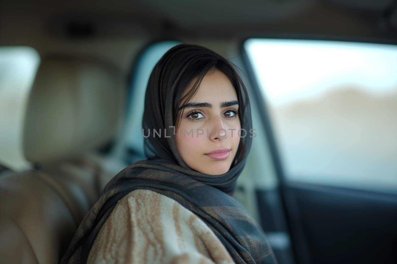 Arab woman looking away while sitting in car.