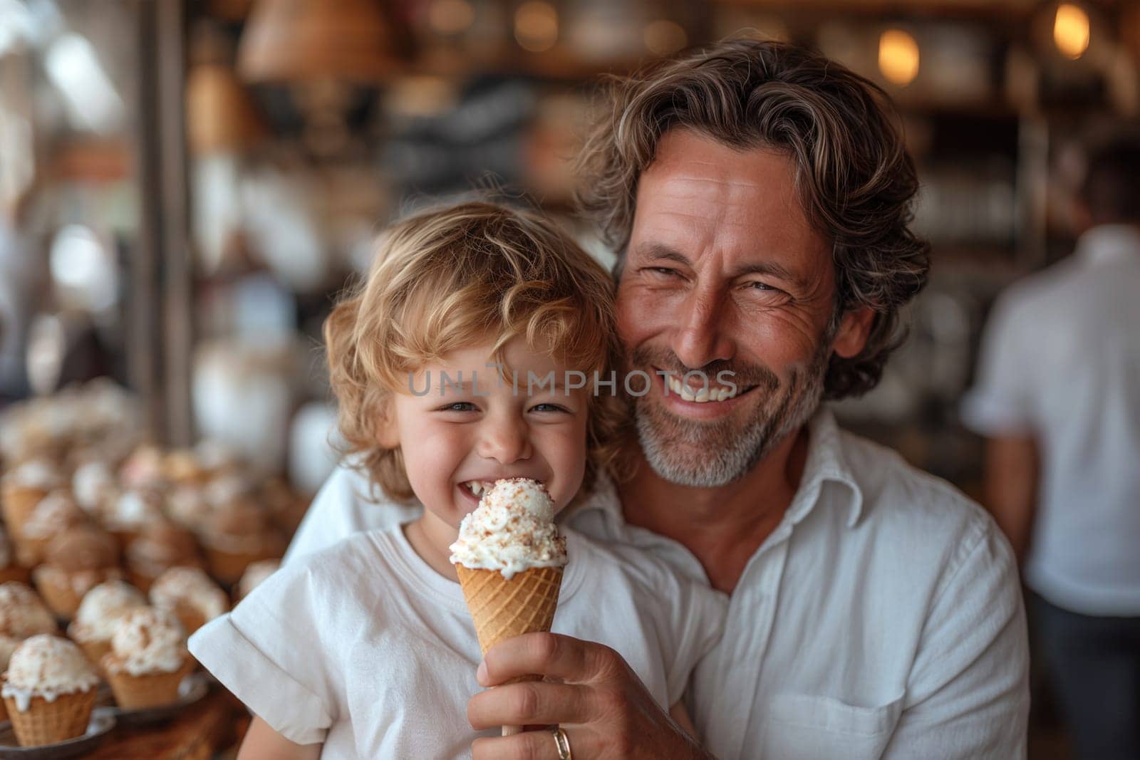 Father and son sharing ice cream together. Close-up.