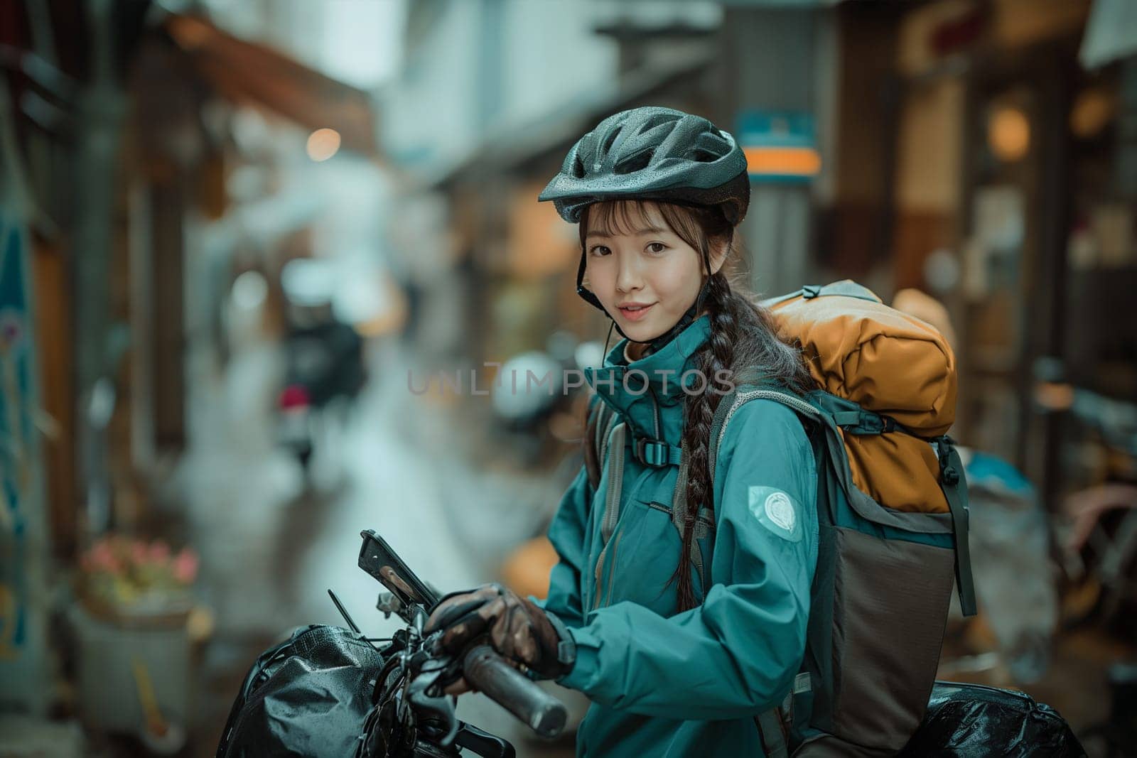 Female delivery person with bicycle using mobile. Food delivery.
