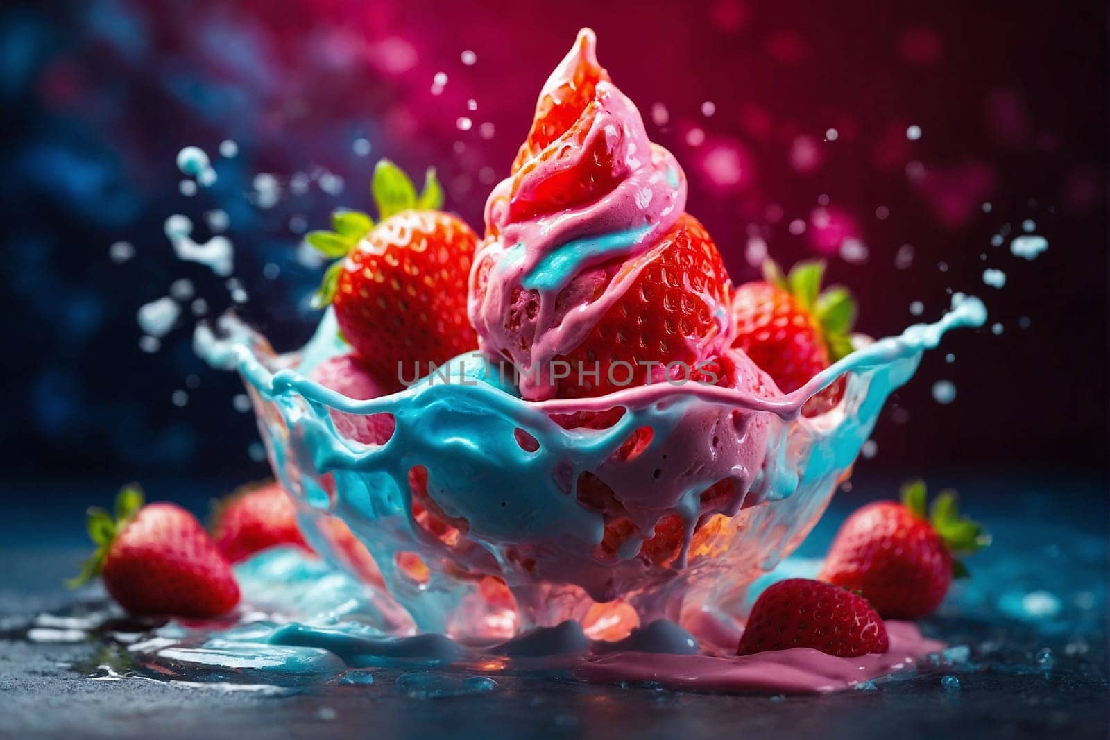 Multiple strawberries are shown mid-air, splashing into a bowl filled with blue and pink colored liquid.