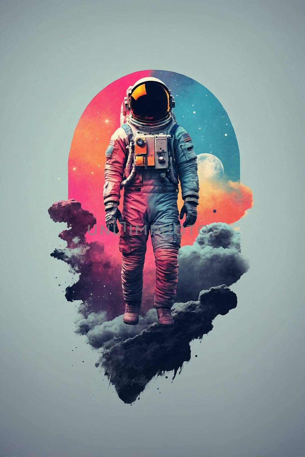 Astronaut Standing on Top of a Cloud Filled Sky. Generative AI. by artofphoto
