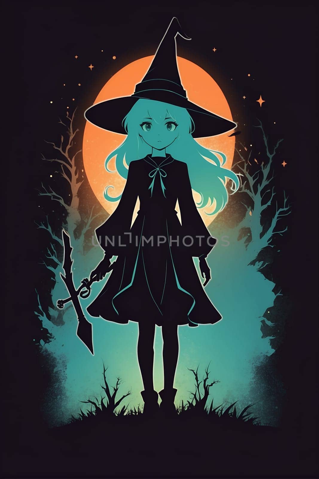 A girl dressed in a witch costume confidently holds a broom.