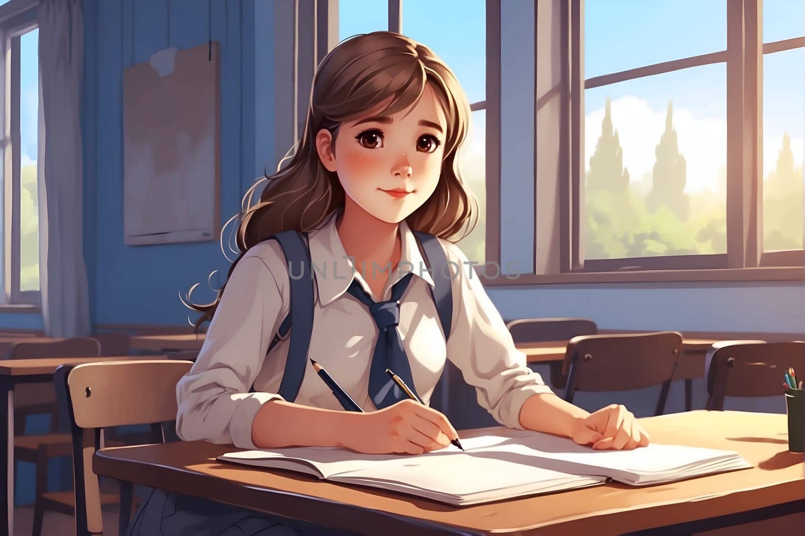 A young girl is sitting at a wooden desk, focusing intently as she writes on a piece of paper.