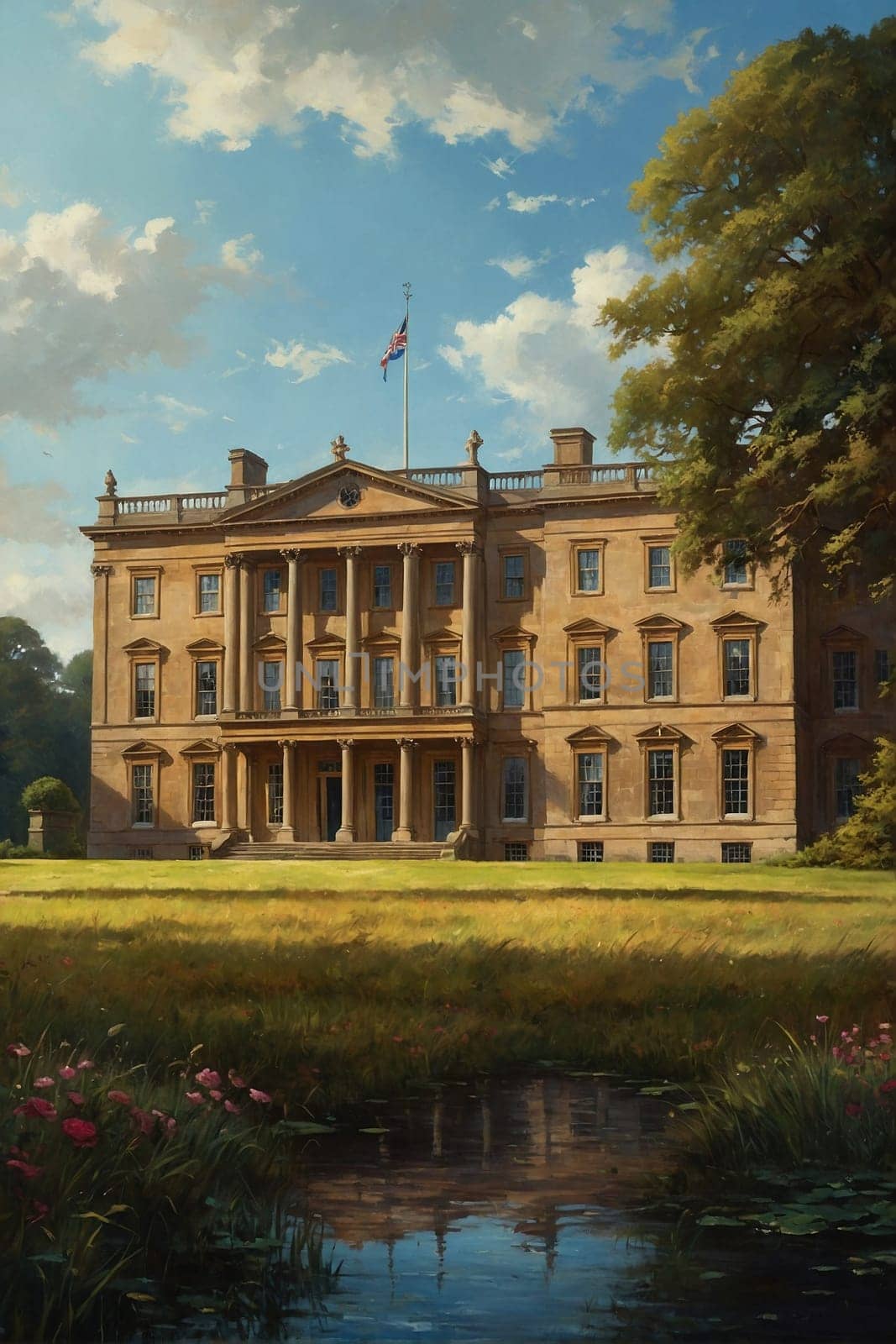 This photo captures a painting that depicts a majestic building overlooking a serene pond.