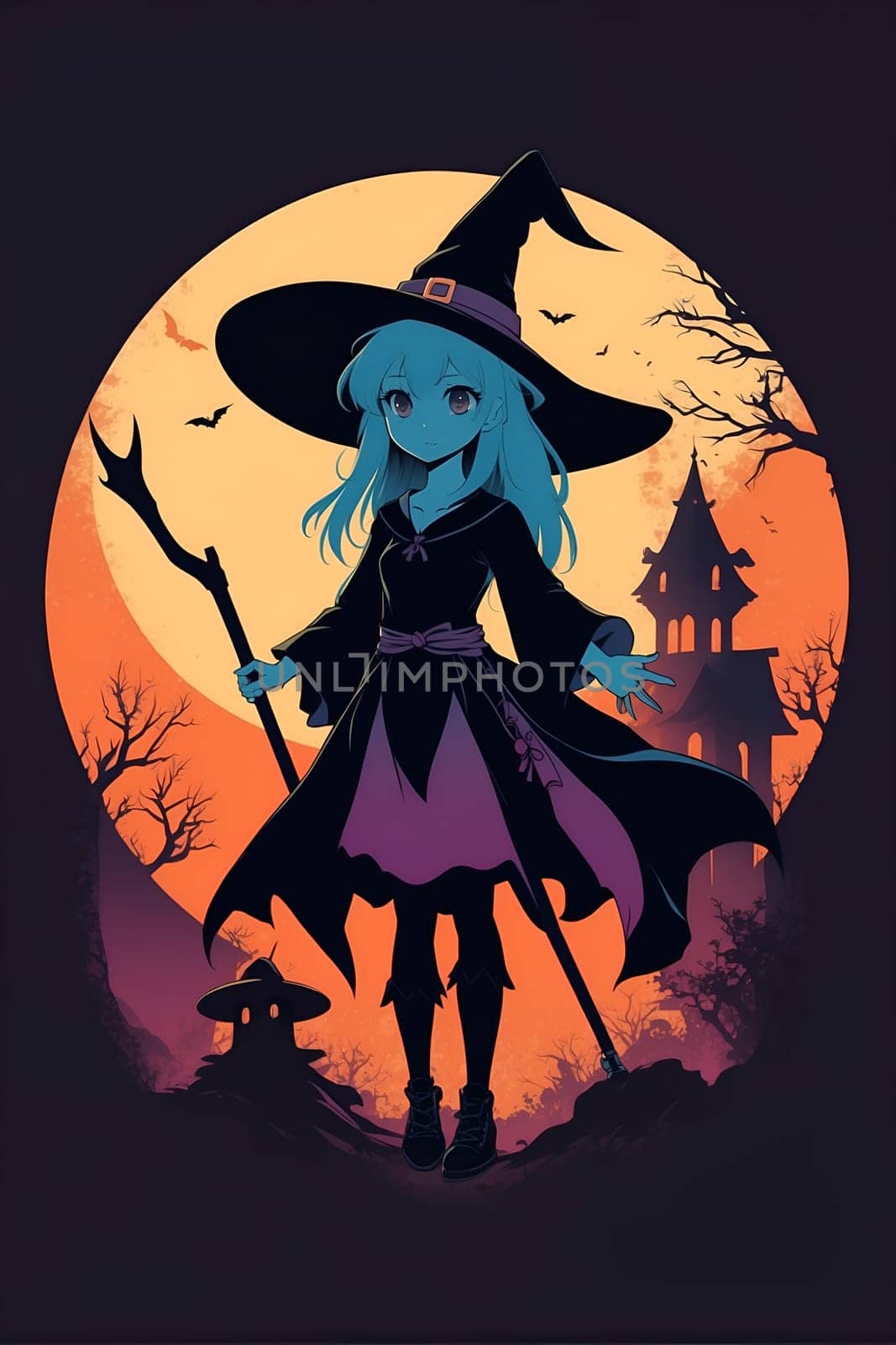 A girl dressed as a witch stands in front of a full moon, creating an enchanting scene.