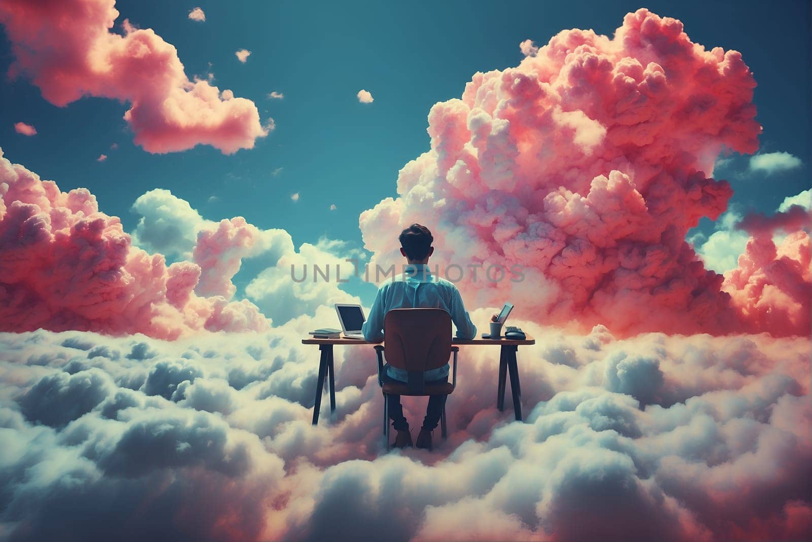 A man sits at a desk, surrounded by fluffy clouds, as he works on his computer.
