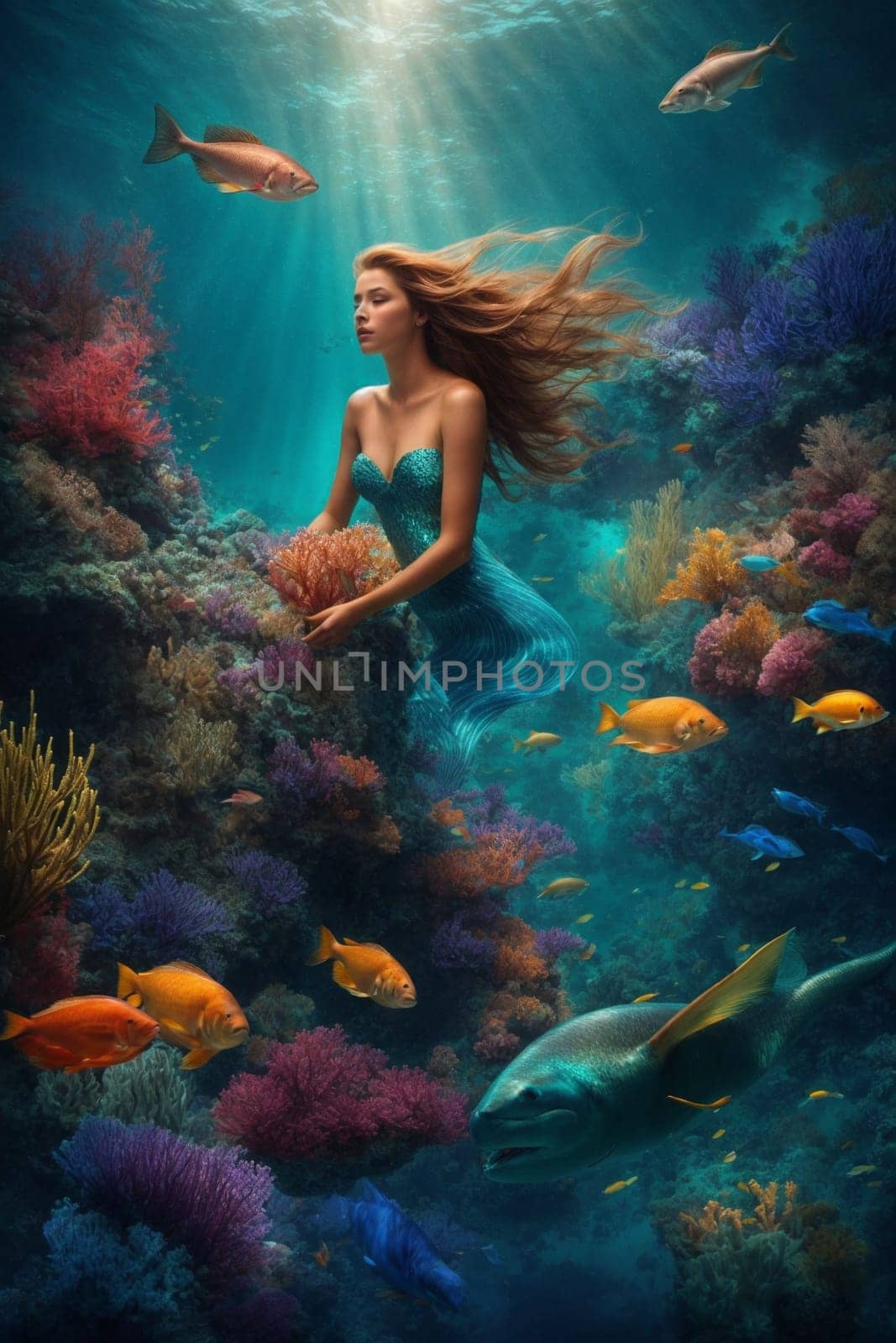 Woman in Blue Dress Swimming in Ocean. Generative AI. by artofphoto