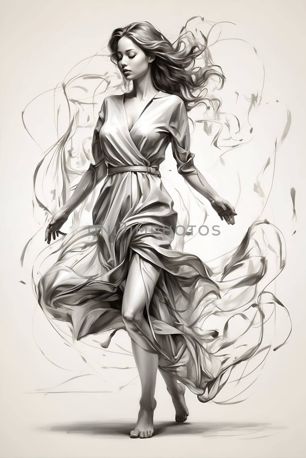 This is a detailed drawing of a woman wearing a flowing dress, capturing her elegant and graceful pose.
