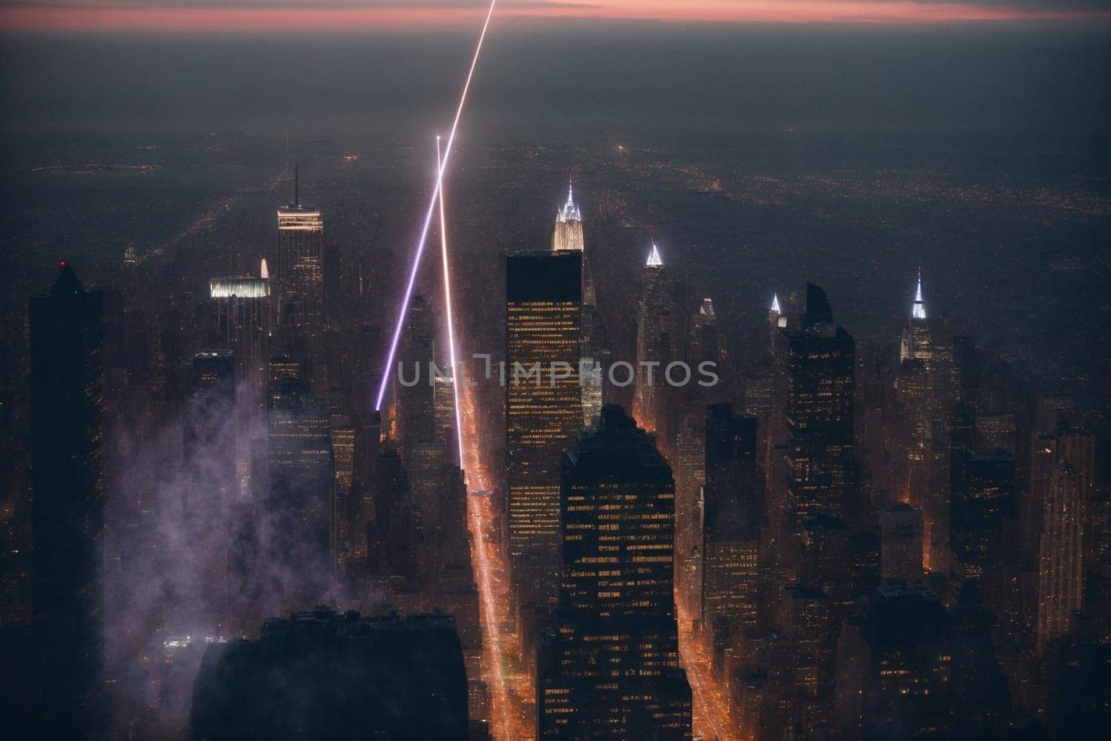 A large jet gracefully flies above a sprawling city illuminated by the glow of artificial lights.