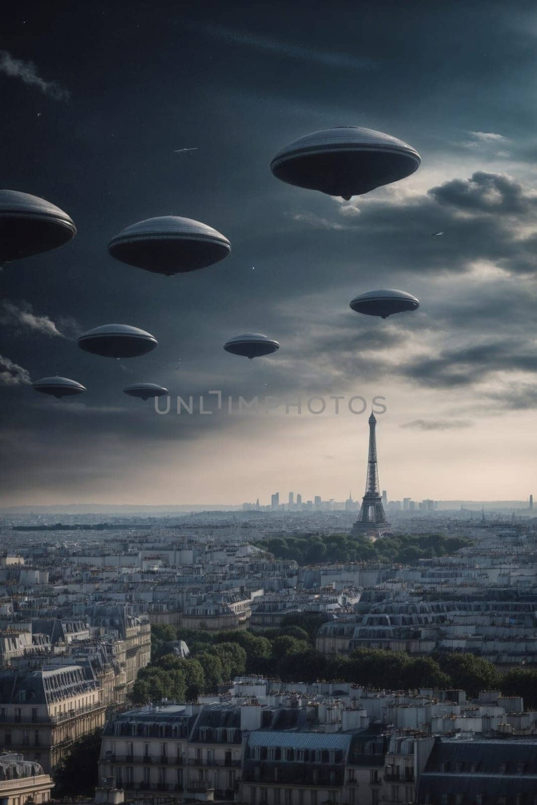 A group of flying saucers hovers above the city of Paris, casting a futuristic glow on the iconic landmarks below.
