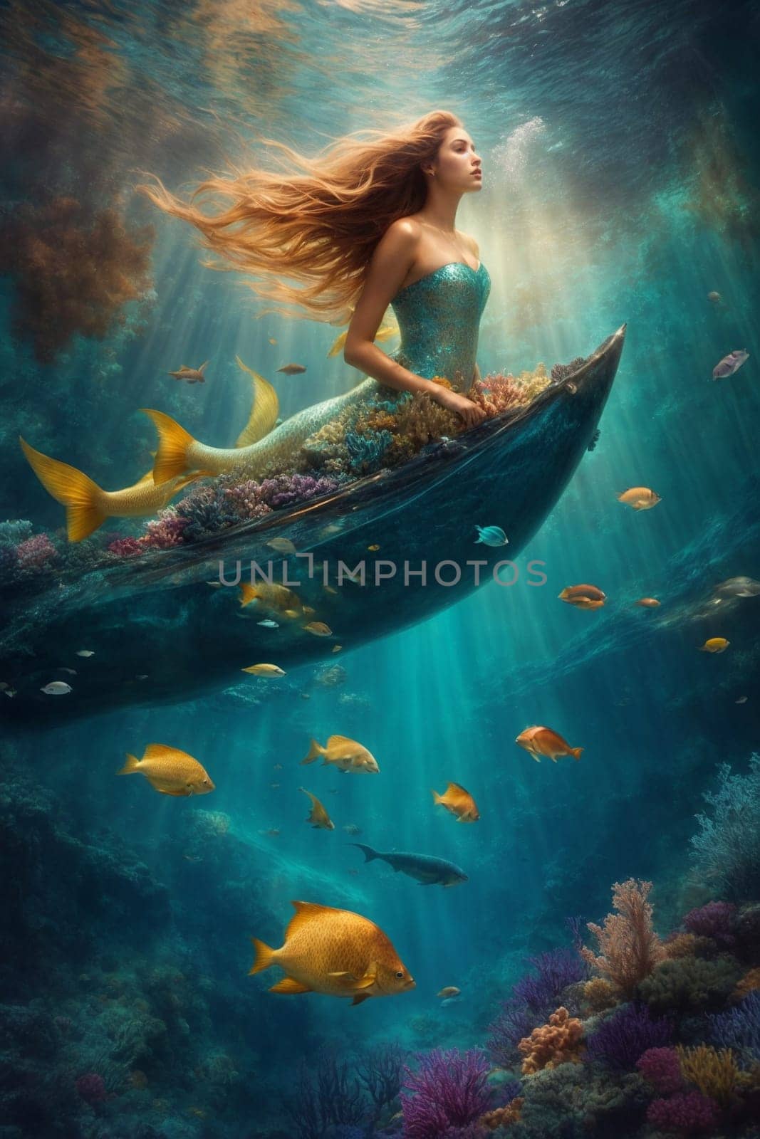 A woman calmly sits on top of a boat submerged underwater, defying gravity and showcasing the surreal beauty of the aquatic world.