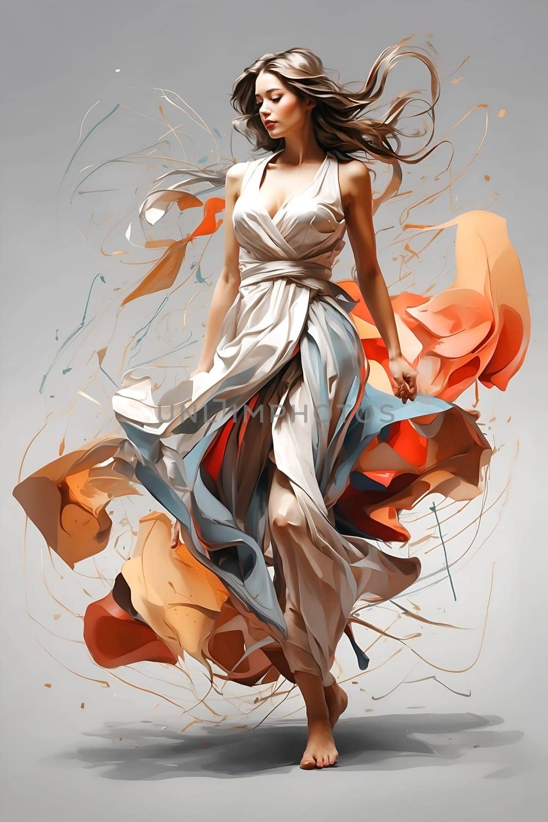 A woman wearing a white dress energetically dances, moving fluidly to the rhythm of the music.