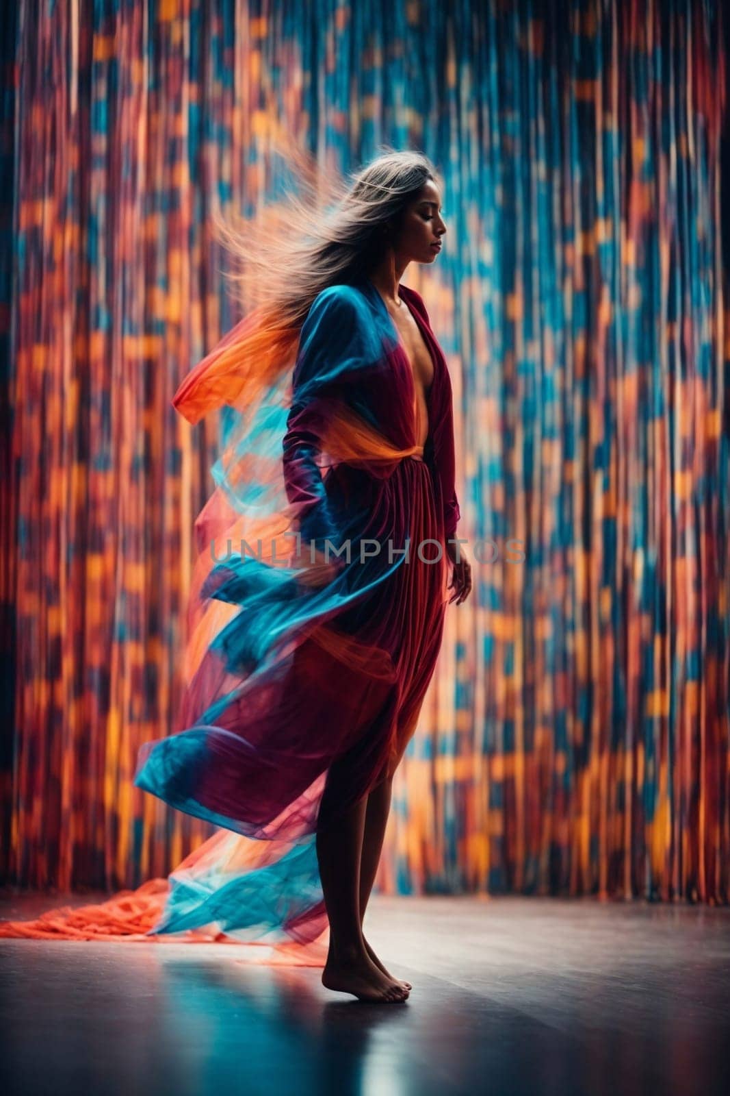 A woman standing in front of a curtain, posing for a photograph.