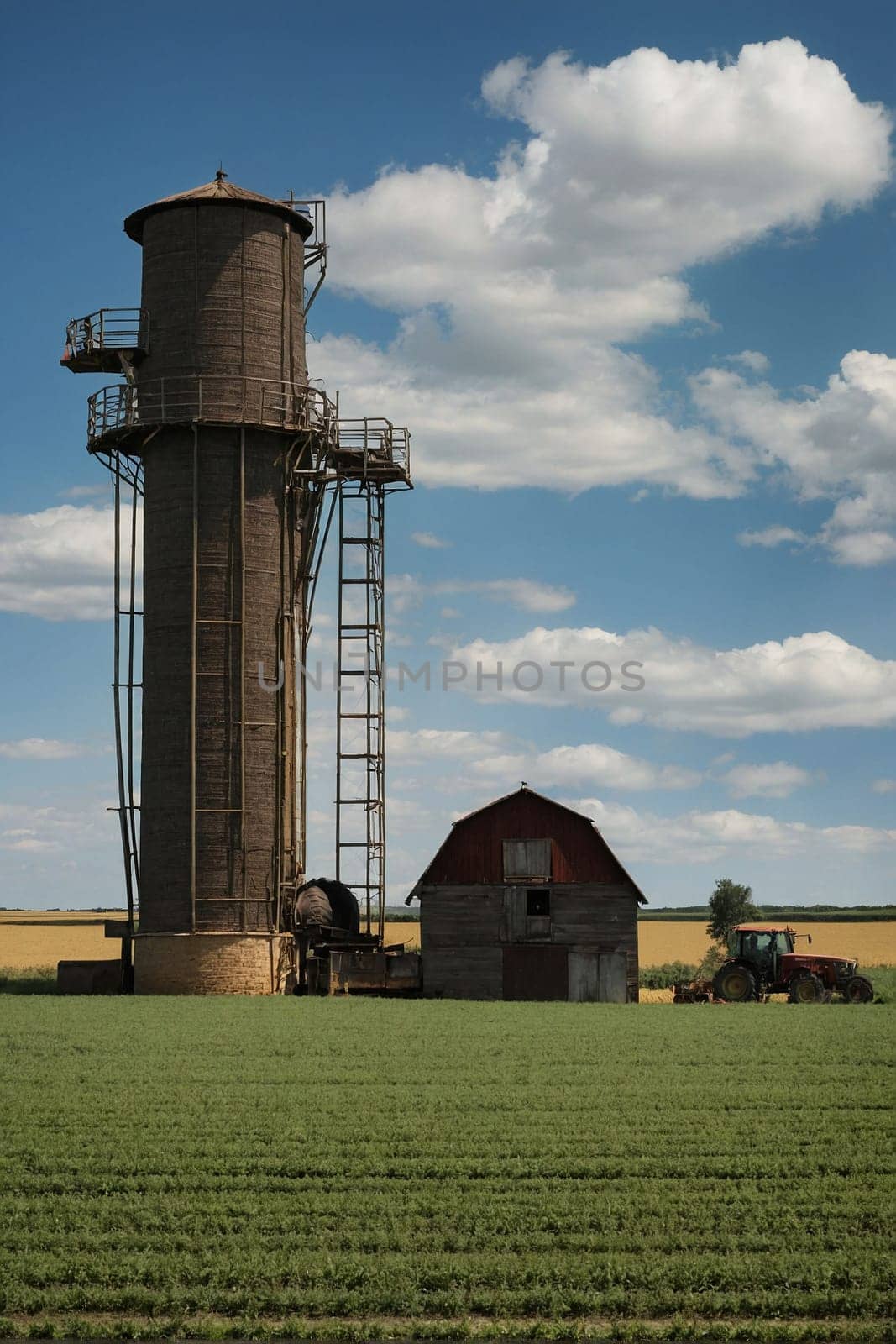 A landscape photo featuring a farm with a silo and a barn in the background, showcasing the rural setting and agricultural structures.