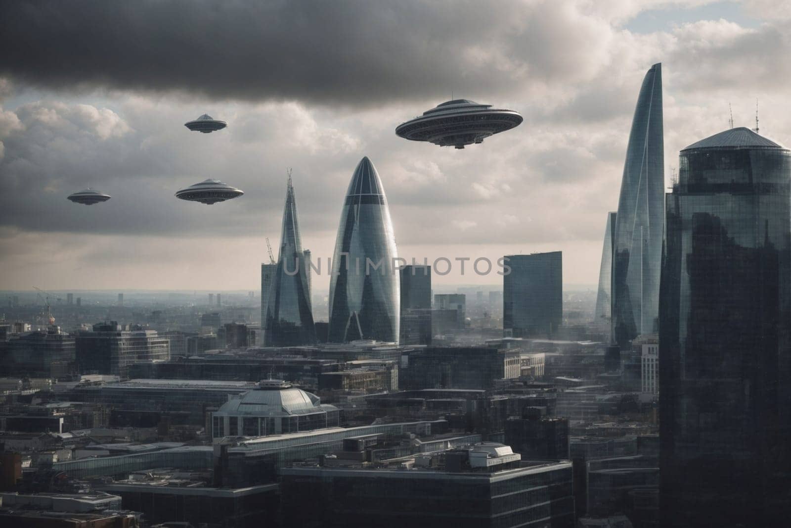 Multiple unidentified flying objects resembling saucers floating in the air over a bustling urban city.