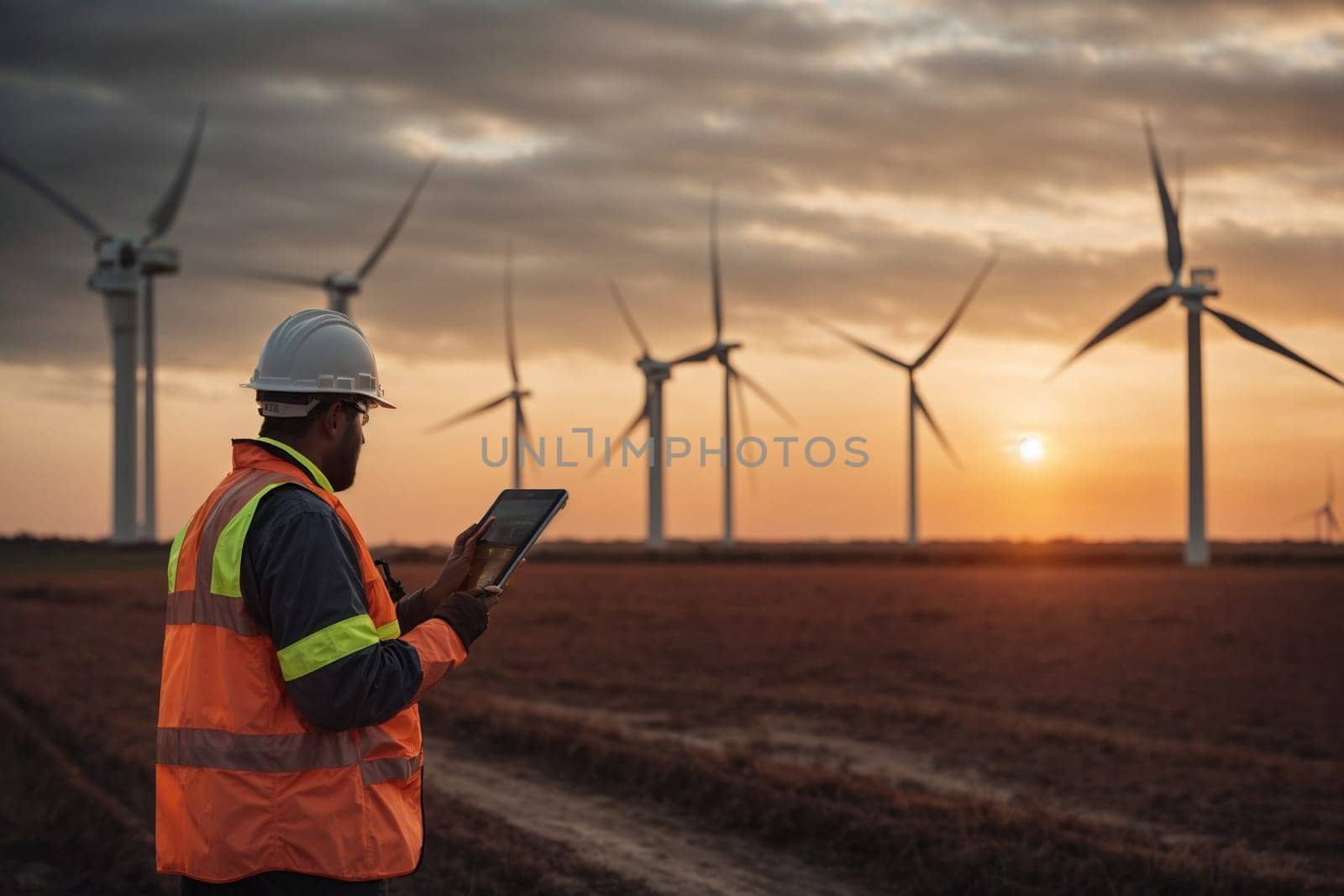 Man in Orange Vest Standing in Front of Windmills. Generative AI. by artofphoto