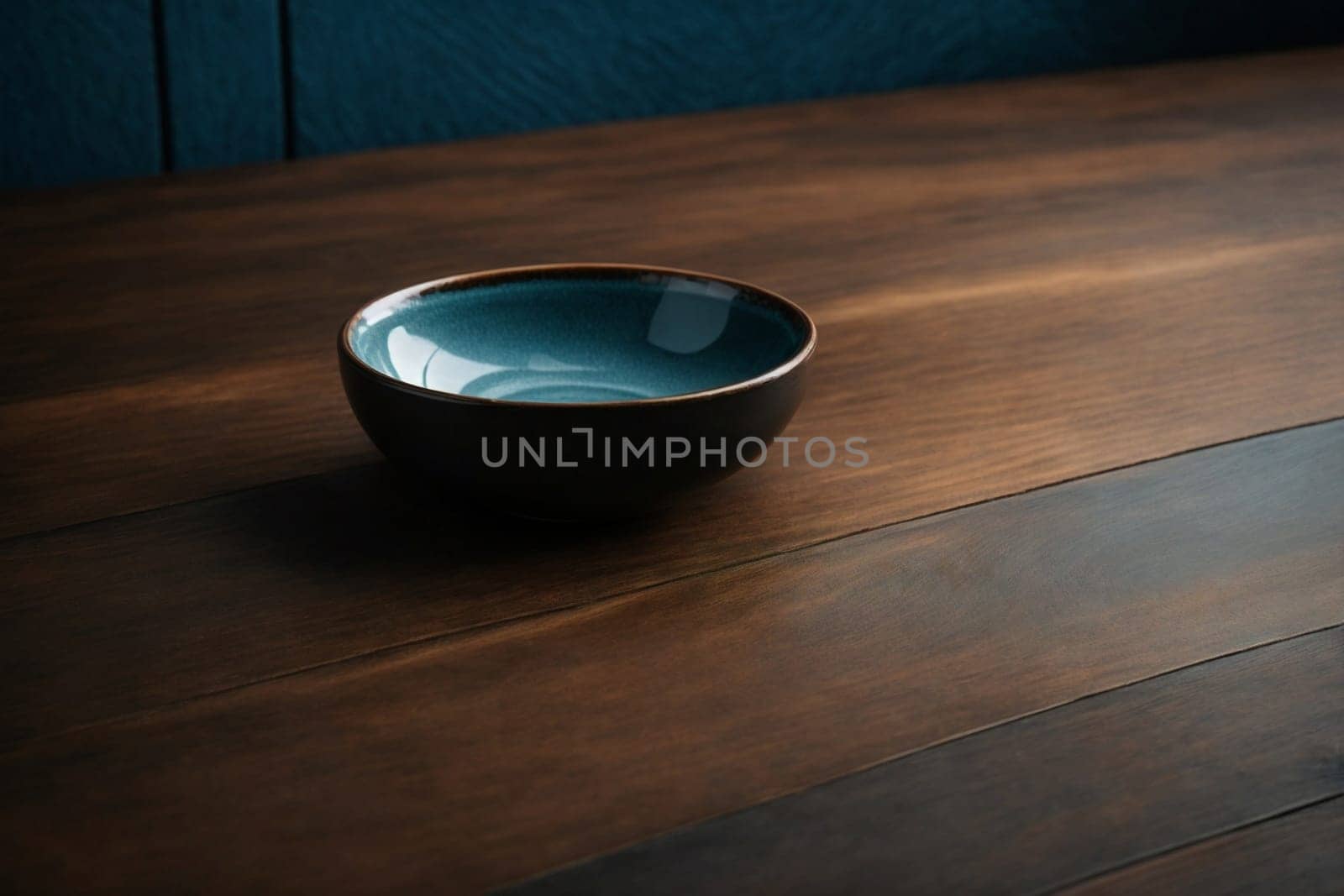 A Blue Bowl on a Wooden Table. Generative AI. by artofphoto