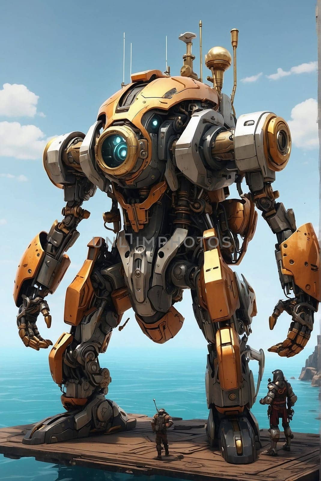 A massive robot standing on the pier, showcasing its towering presence and futuristic design.