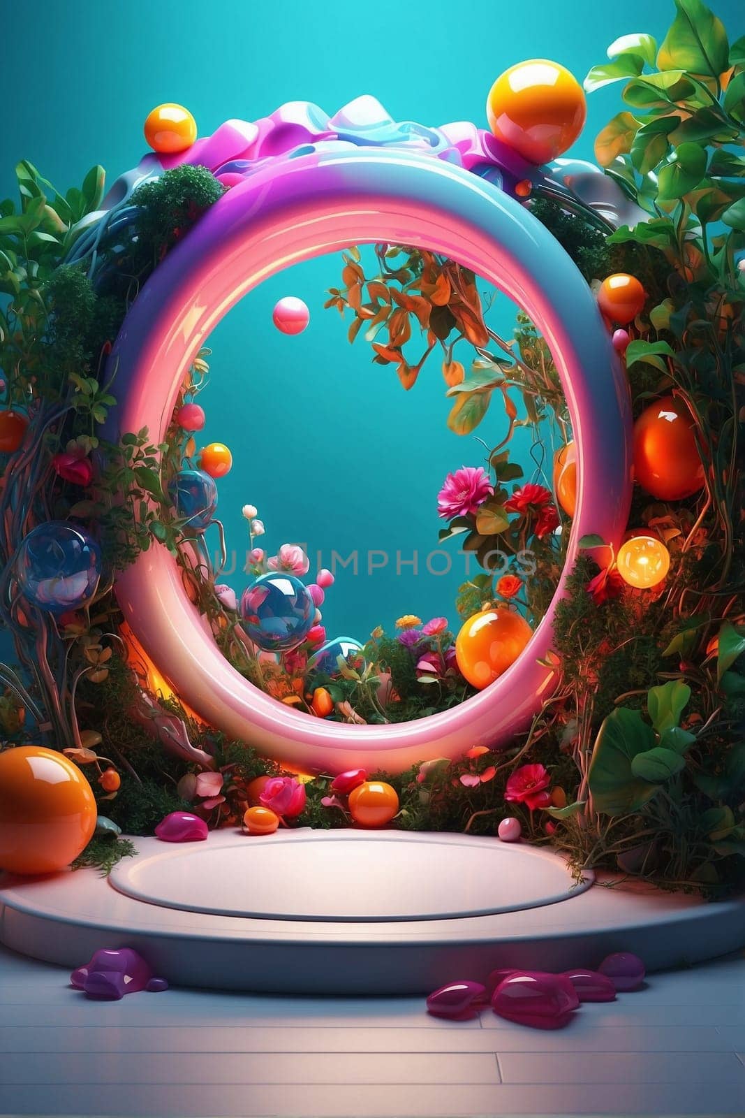 Artistic Scene With Circular Object Surrounded by Plants. Generative AI. by artofphoto